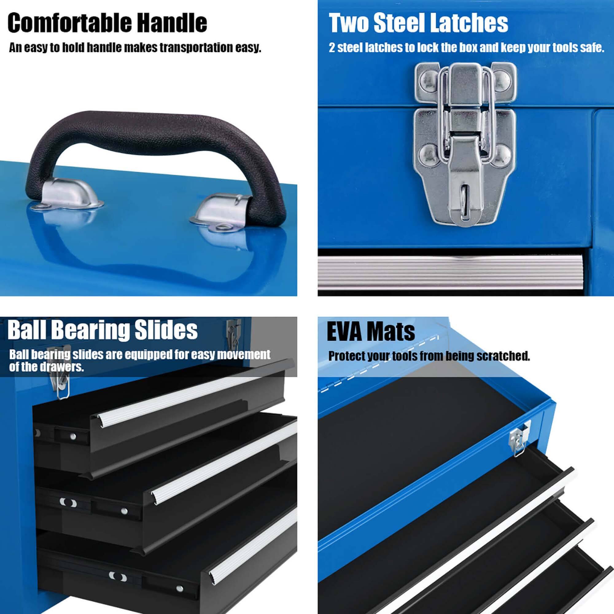 Comfortable Handle  
An easy to hold handle makes transportation easy.

Two Steel Latches  
2 steel latches to lock the box and keep your tools safe.

Ball Bearing Slides  
Ball bearing slides are equipped for easy movement of the drawers.

EVA Mats  
Protect your tools from being scratched.