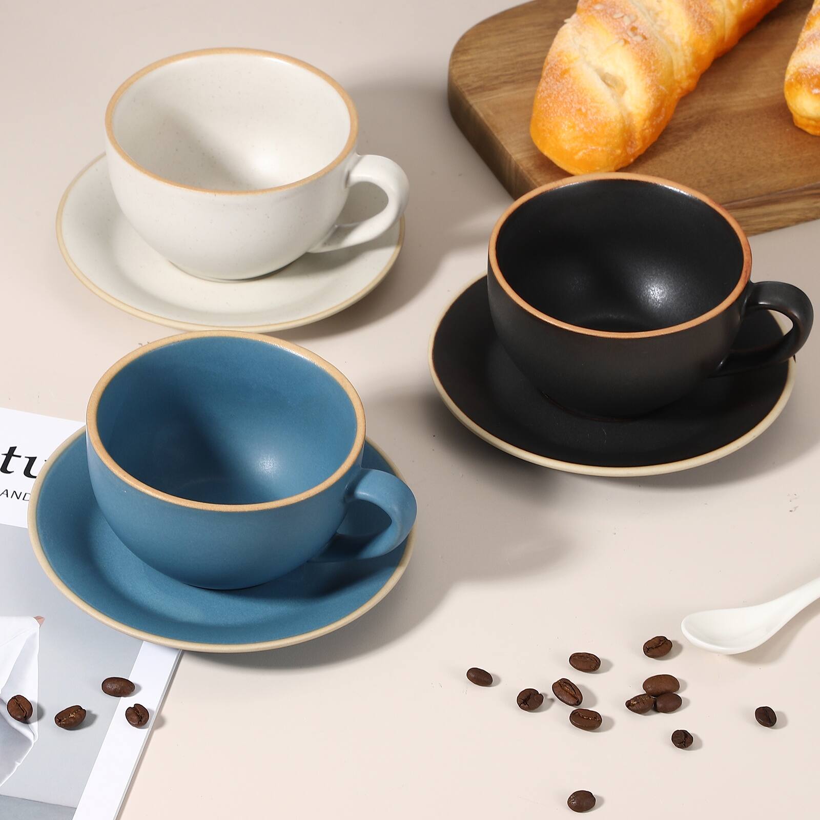 Alt View 4. Unique Bargains - Handmade Vintage Espresso Cups, 9.5oz Coffee Cups & Saucers Ceramic Tea Cup w/Handle, Microwave Safe - Morandi Black.