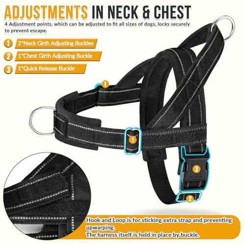 **Adjustments in Neck & Chest**

- **4 Adjustment points**, which can be adjusted to fit all sizes of dogs, locks securely to prevent escape.
  - **1** Neck Girth Adjusting Buckles
  - **2** Chest Girth Adjusting Buckle
  - **3** Quick Release Buckle

**Hook and Loop** is for sticking extra strap and preventing upwarping. The harness itself is held in place by buckle.