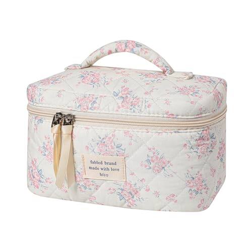 Fabibe - Large Quilted Makeup Bag For Women And Cute Coquette Floral Cotton Aesthetic Travel Organized Toiletry Bags (01pink Bow - 11PinkRose