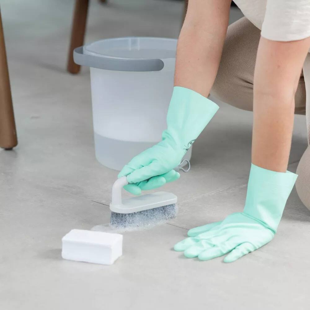 Left. OU - OU Scrub Brush with Ergonomic Handle, All Purpose Bathroom & Kitchen Heavy Duty Cleaning Scrubber.