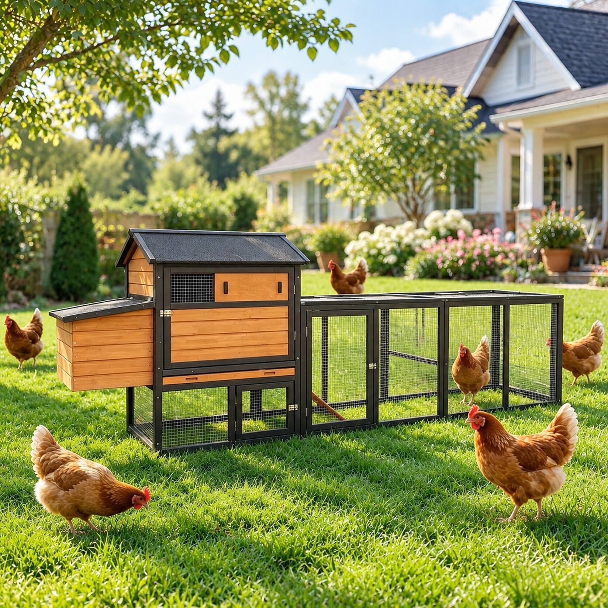 Left. RYHNUYNE - Wooden Chicken Coop, Large Outdoor Hen House, Nesting Box, Waterproof Anti-UV Roof, Backyard.