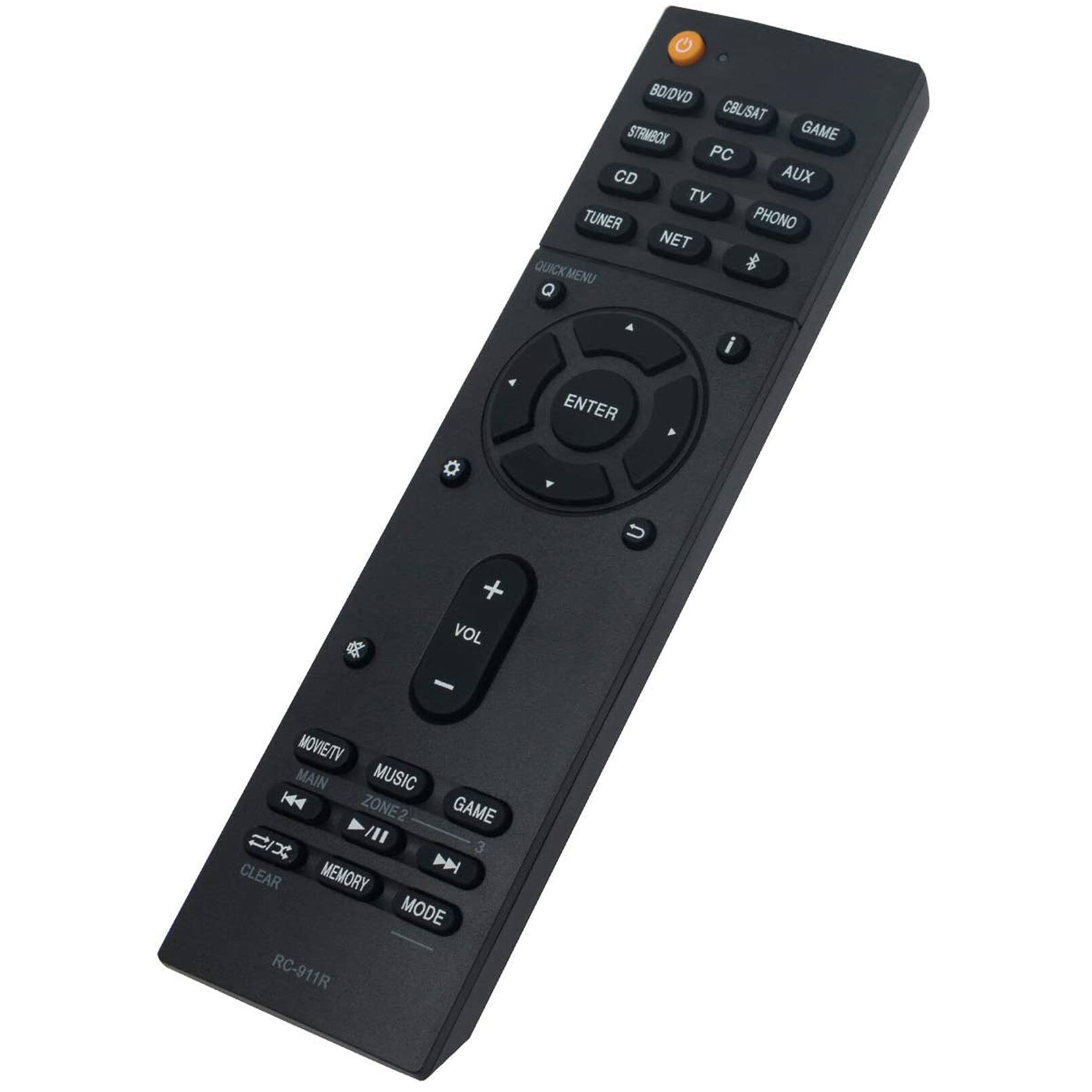 BD/DVD CBLISAT STRMBOX GAME PC CD AUX TV TUNER PHONO NET QUICK MENU Q  
ENTER  
i  
VOL  
MOVIE/TV MAIN MUSIC ZONE2 GAME UX CLEAR MEMORY MODE RC-911R