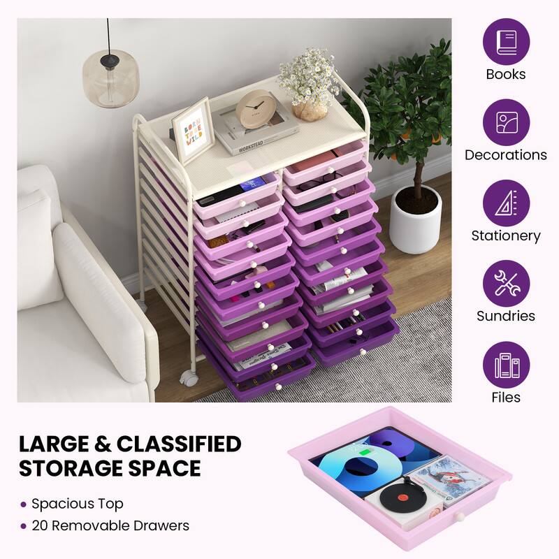 Books  
Decorations  
Stationery  
Sundries  
Files  

LARGE & CLASSIFIED STORAGE SPACE  
- Spacious Top  
- 20 Removable Drawers