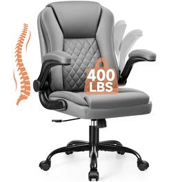 Brick Attic - Executive Leather Office Chair with Flip up Armrests,Computer Desk Chair with Lumbar Support and Wheels,120°Tilt - Gray