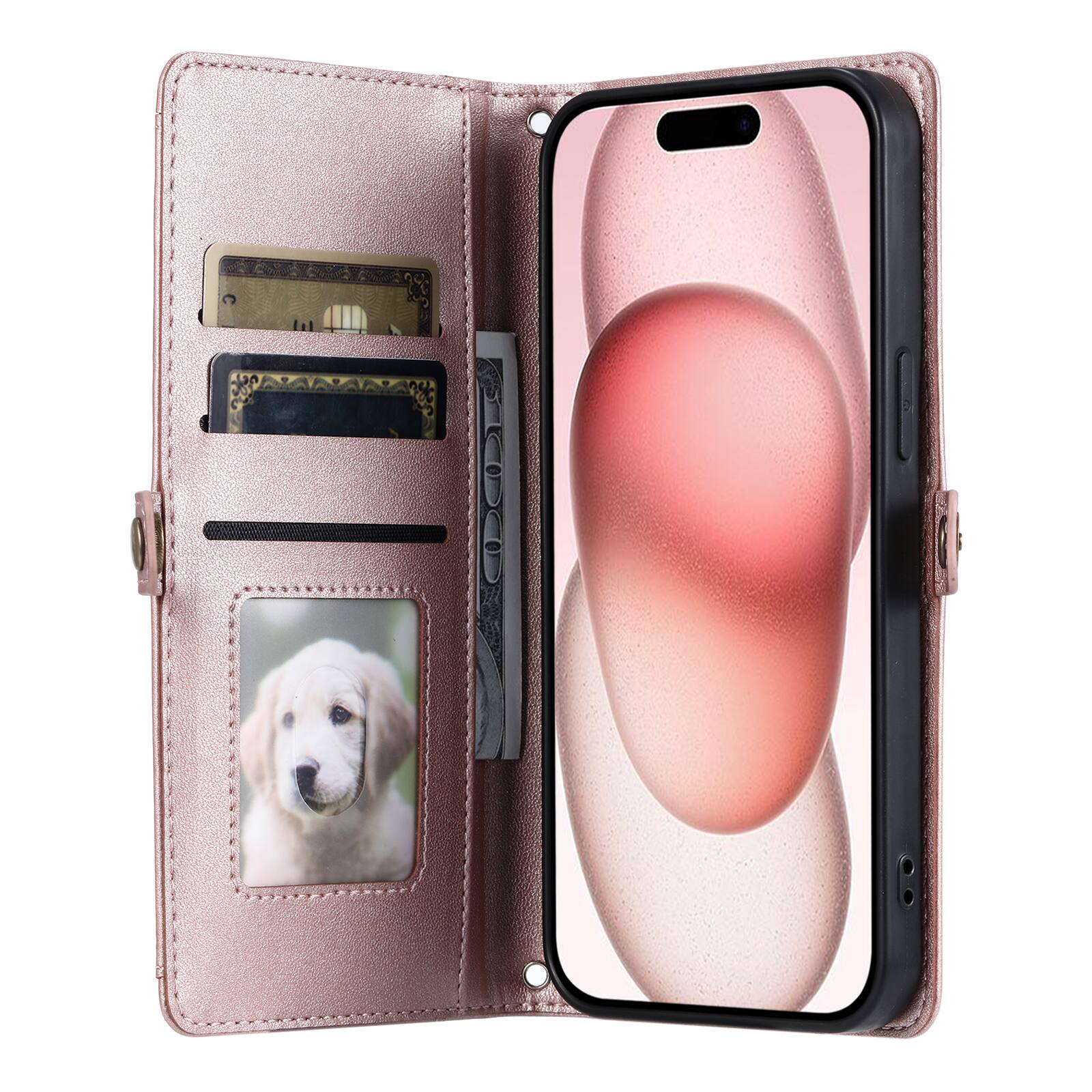 Angle. Dteck - Foilo Wallet Case for Apple iPhone 17,Shockproof Card Holder PU Leather Magnetic Snap Phone Cover with Lanyard - Rosegold.