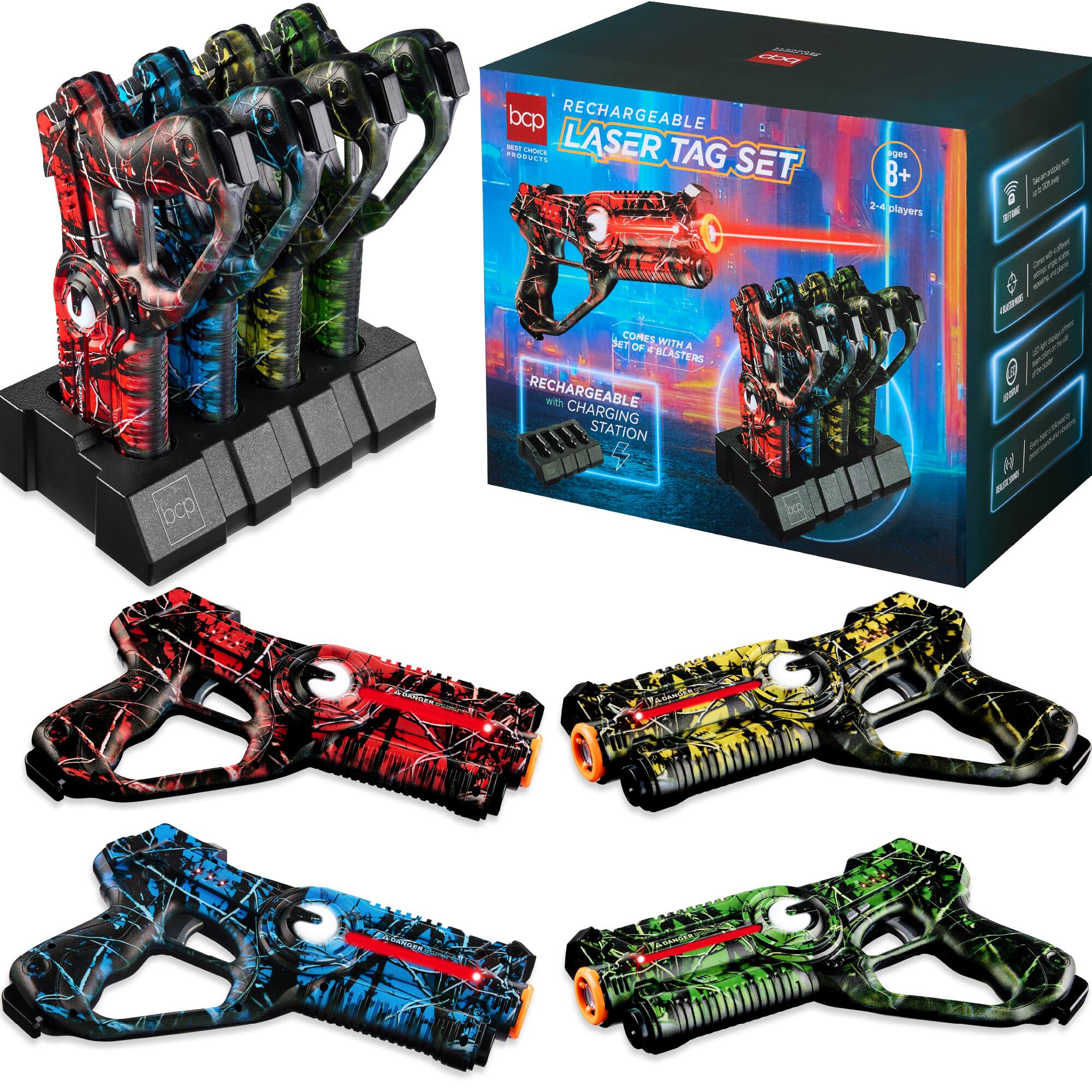 CCV AS bcp RECHARGEABLE LASER TAG SET
- COMES WITH A SET OF 4 BLASTERS
- RECHARGEABLE WITH CHARGING STATION
- FOR 2-4 PLAYERS
- AGE RANGE: B+
- INCLUDES: BLASTERS, CHARGING STATION, BATTERIES