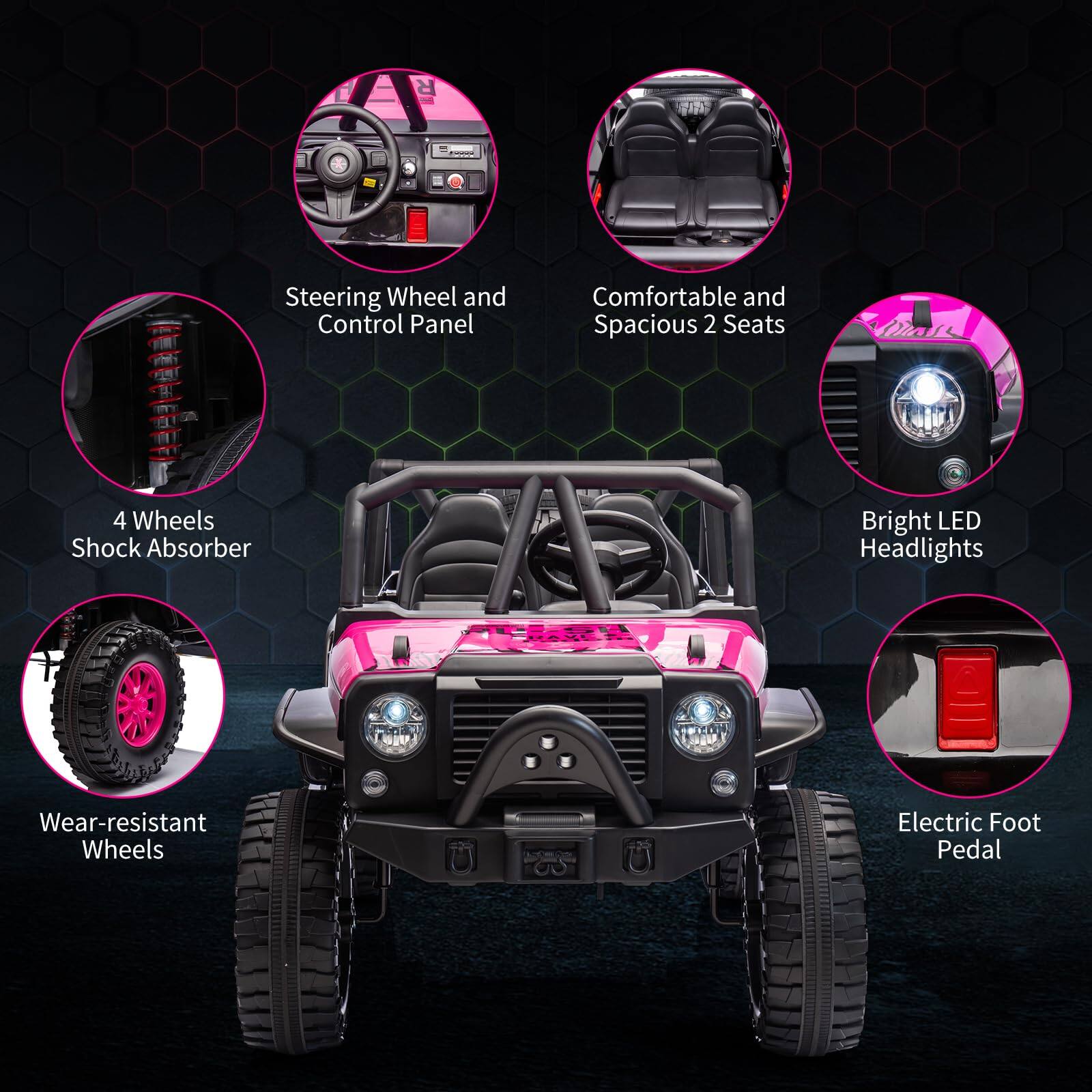 - Steering Wheel and Control Panel
- Comfortable and Spacious 2 Seats
- 4 Wheels Shock Absorber
- Bright LED Headlights
- Wear-resistant Wheels
- Electric Foot Pedal