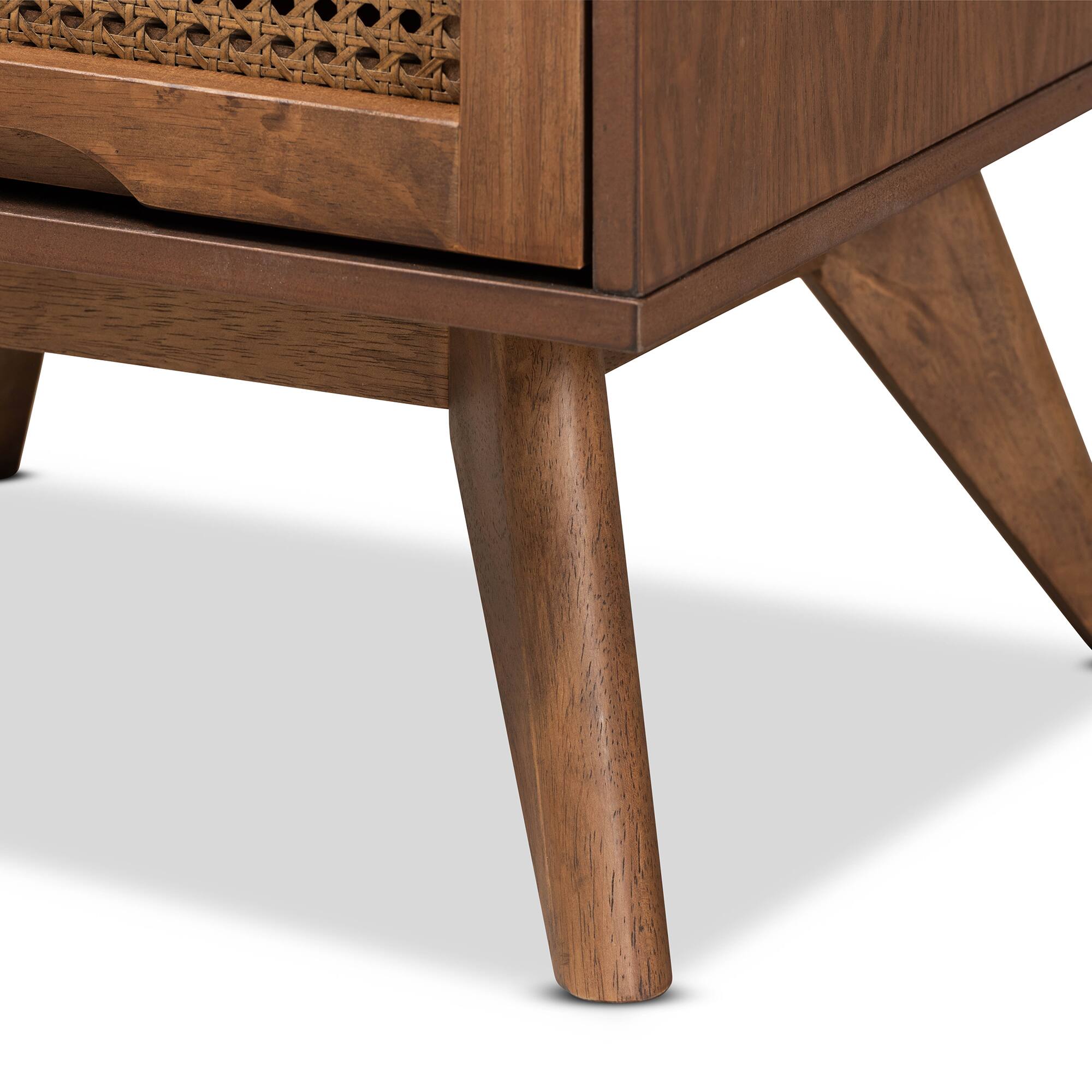 Alt View 2. Baxton Studio - Barrett Mid-Century Modern Finished Wood and Synthetic Rattan 2-Drawer Nightstand - Walnut Brown.