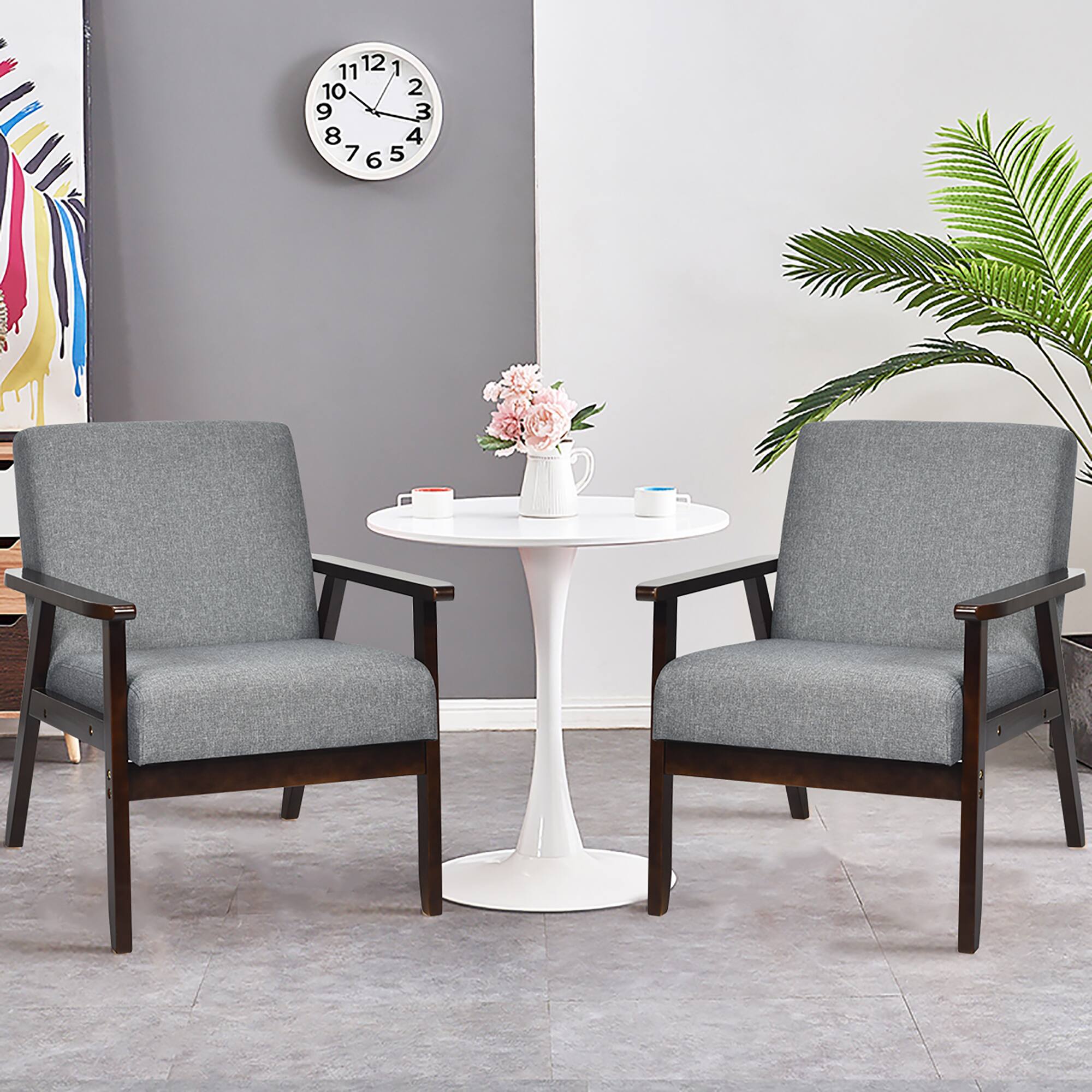 Angle. Costway - Set of 2 Fabric Accent Armchair Wooden Upholstered Lounge Chair - Dark Grey.