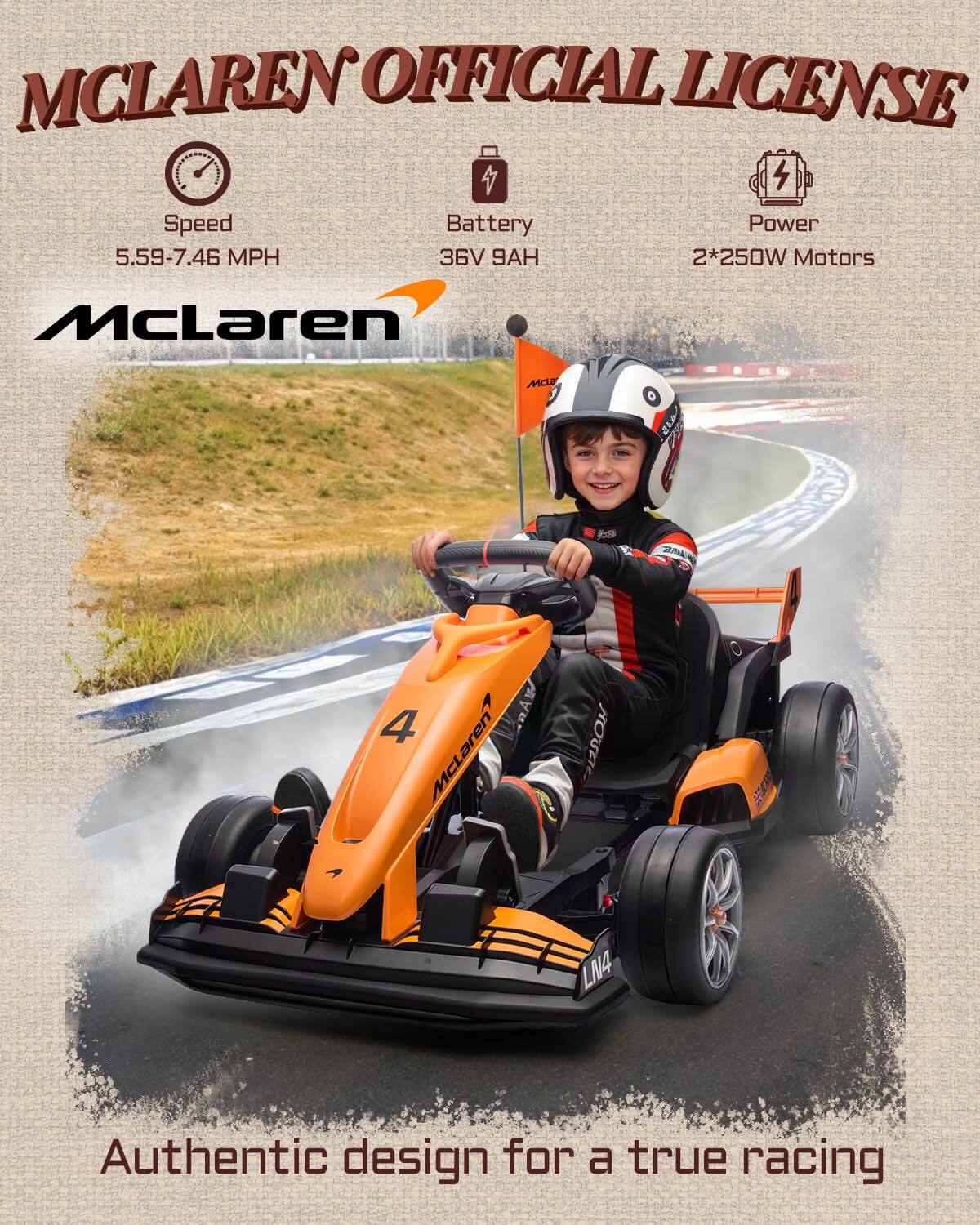 MCLAREN OFFICIAL LICENSE

Speed: 5.59-7.46 MPH  
Battery: 36V 9AH  
Power: 2*250W Motors  

McLaren MC A 4 RAW McLaren HOVETE LN4  

Authentic design for a true racing