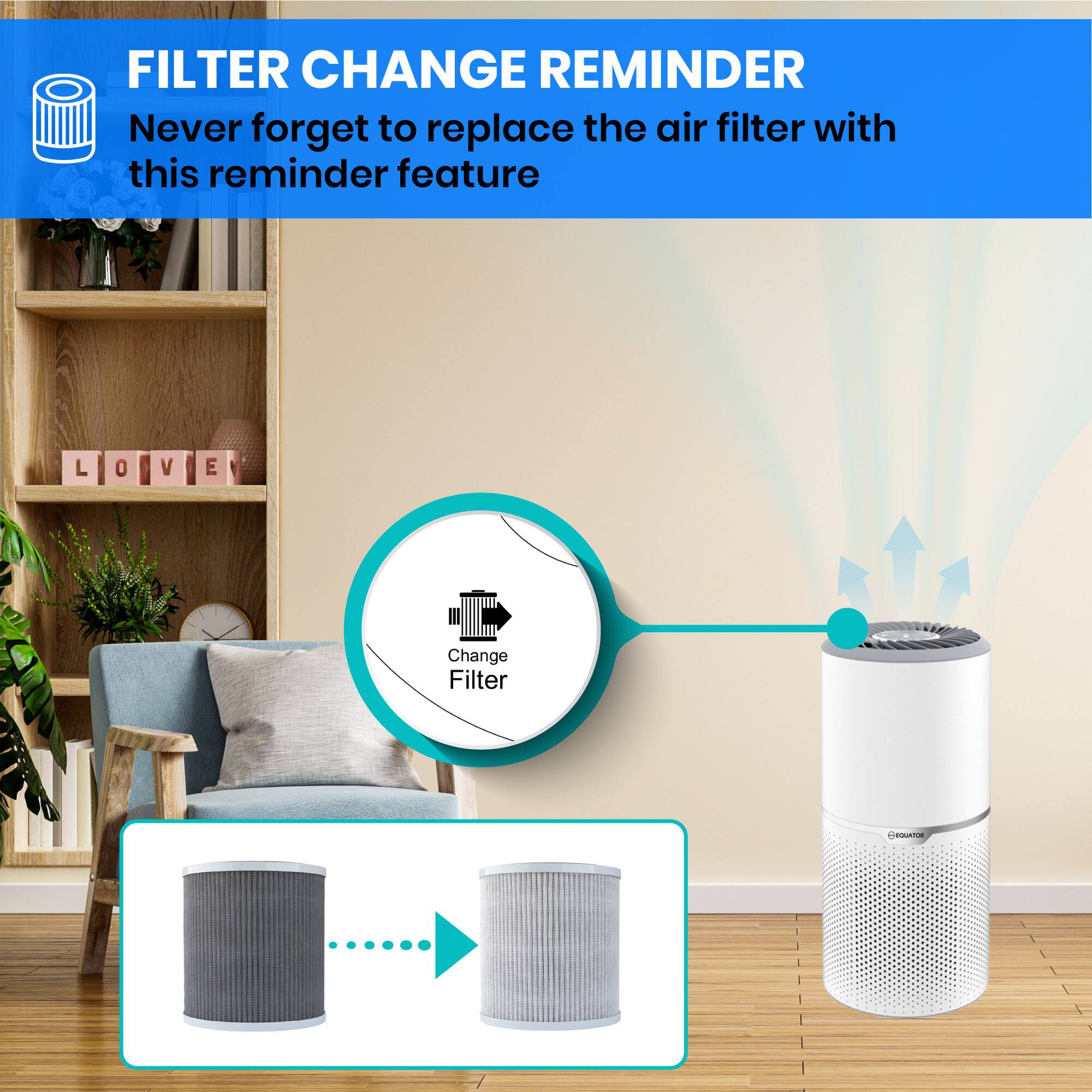 FILTER CHANGE REMINDER Never forget to replace the air filter with this reminder feature Change Filter LOVE L 0 V E ROGATOE