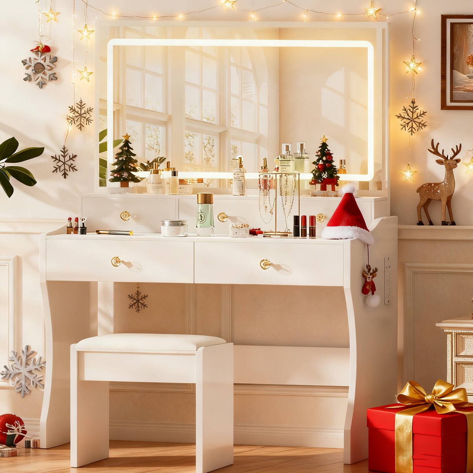 Front. CloudRest Pro - Makeup Vanity Desk with 5 Drawers and Charging Station Vanity Table and Chair LED Mirror Stepless Dimmable,White - White.