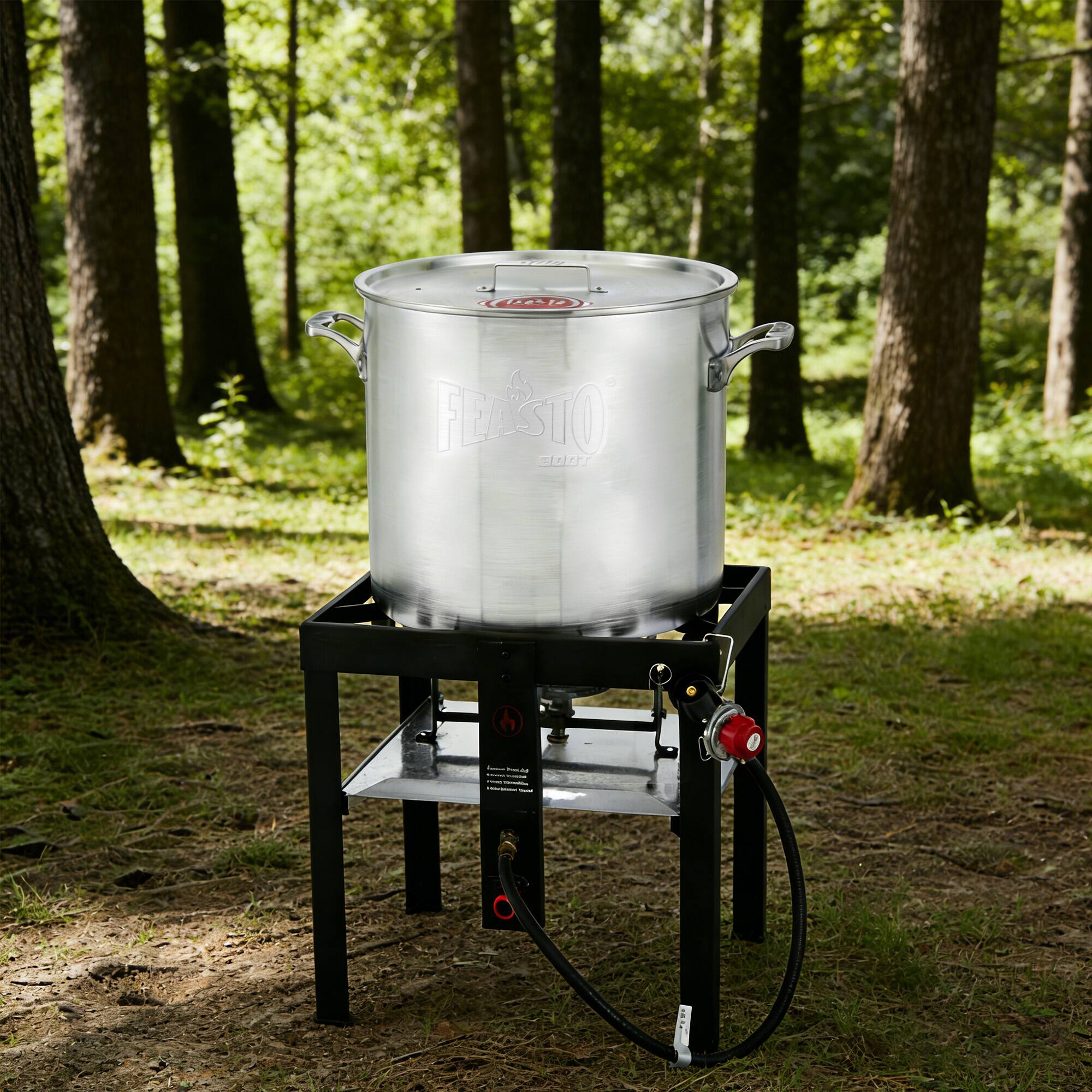 Left. FEASTO - 80 QT Seafood Boil Pot and Burner Kit with 100,000 BTUs, 10 PSI Regulator for Crawfish, Shrimp, Crab Cooking - Sliver.