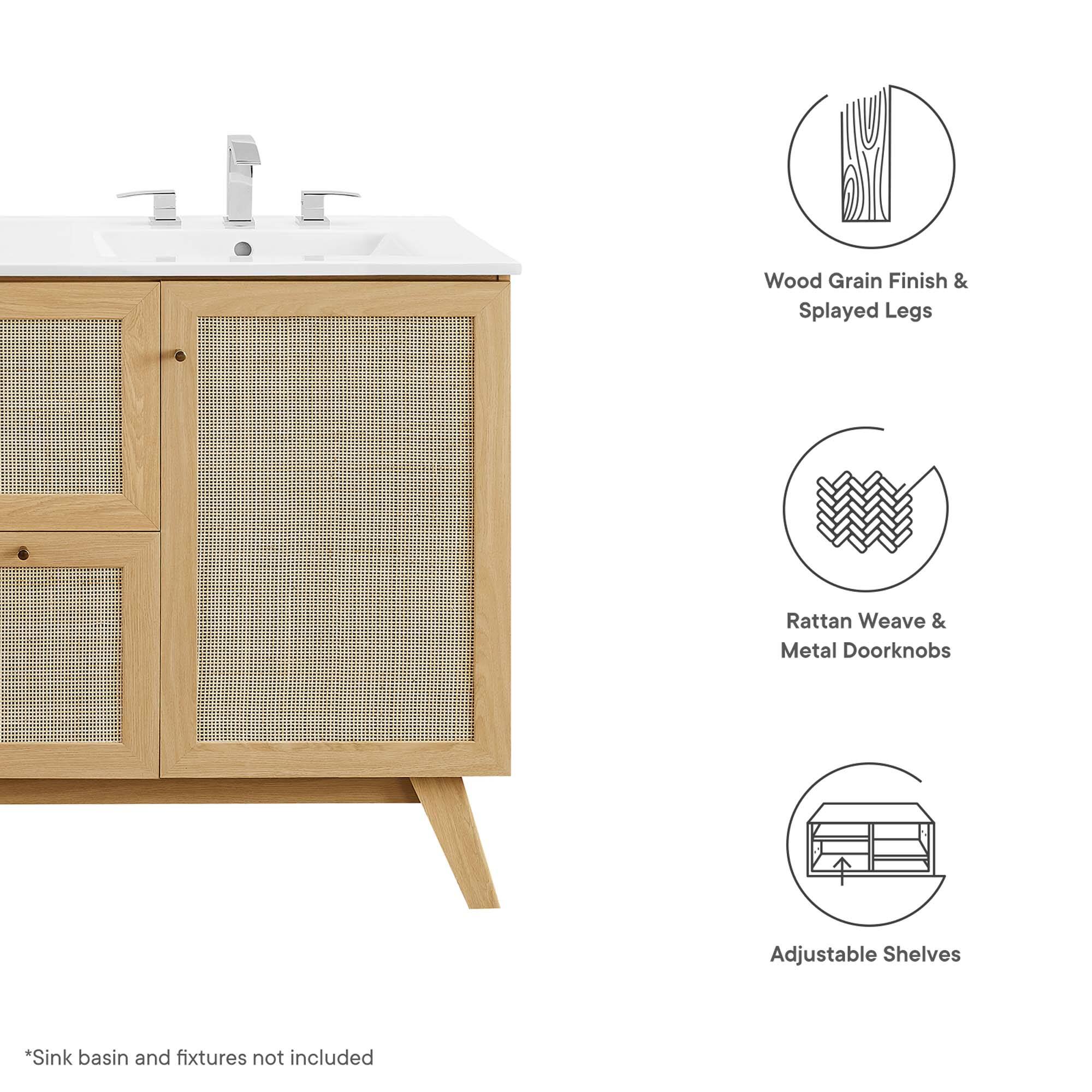 Wood Grain Finish & Splayed Legs  
Rattan Weave & Metal Doorknobs  
Adjustable Shelves  

*Sink basin and fixtures not included