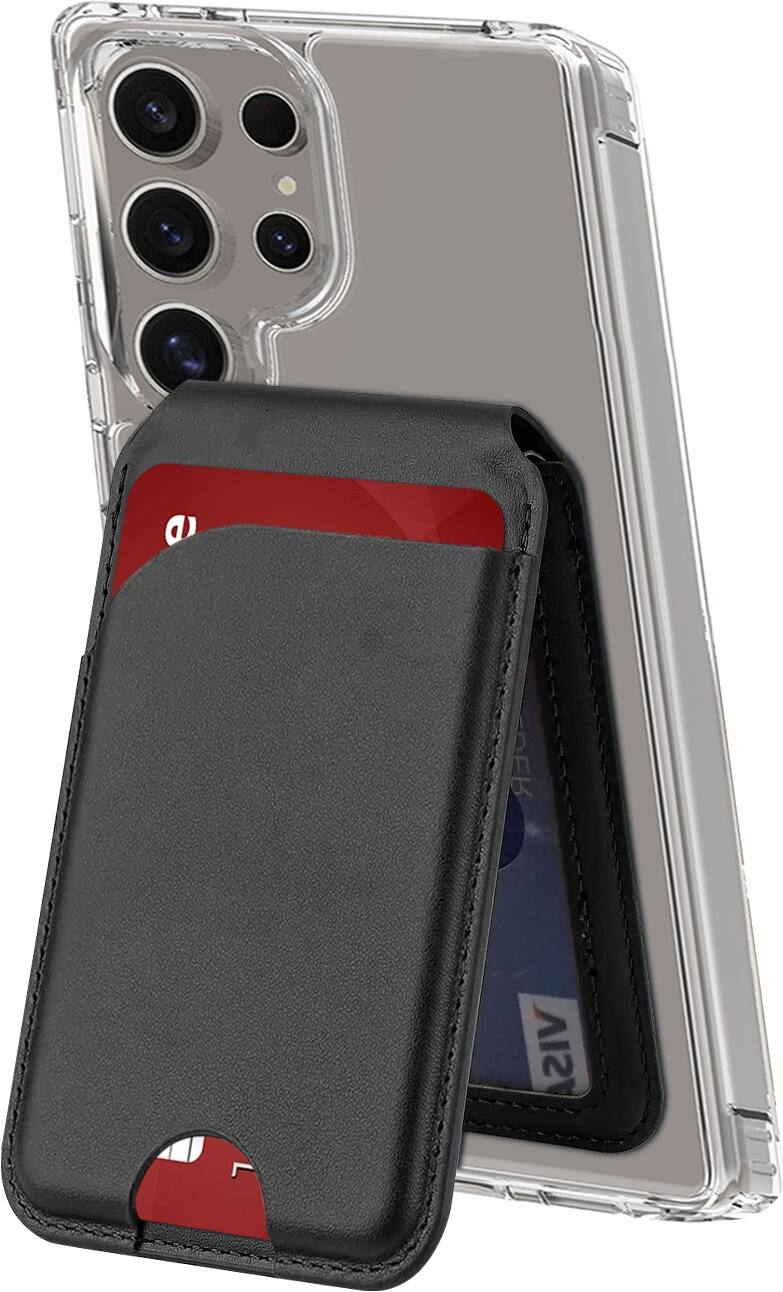 The image shows a cell phone with a clear case and a black wallet case. The cell phone is placed in the clear case, and the wallet case is placed on top of the cell phone. The cell phone is also accompanied by a credit card, which is placed inside the wallet case.