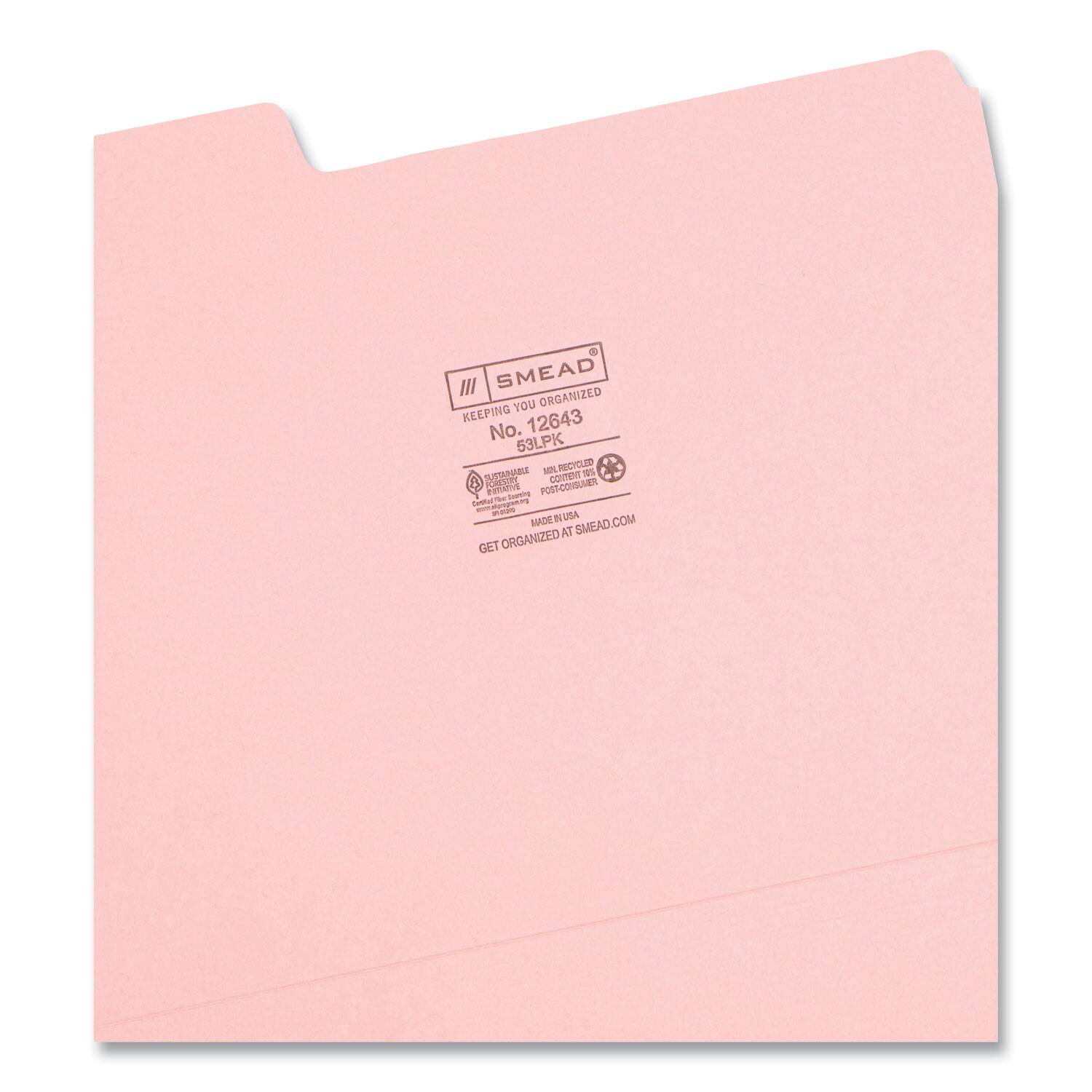 SMEAD  
KEEPING YOU ORGANIZED  
No. 12643  
53LPK  

MADE IN USA  
MADE AT SMEAD.COM  

GET ORGANIZED AT SMEAD.COM  

SUBSTRATE: 100% RECYCLED POST-CONSUMER WASTE