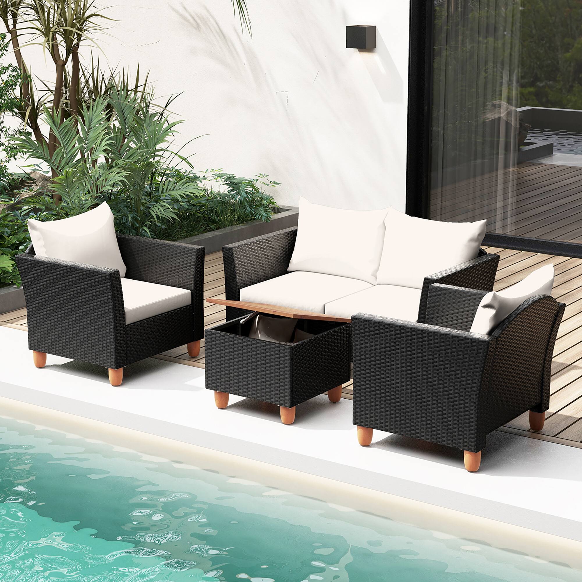 Alt View 7. Gymax - Gymax 4 Piece Outdoor Conversation Set Patio Cushioned Chairs w/ Storage Coffee Table - Off White.