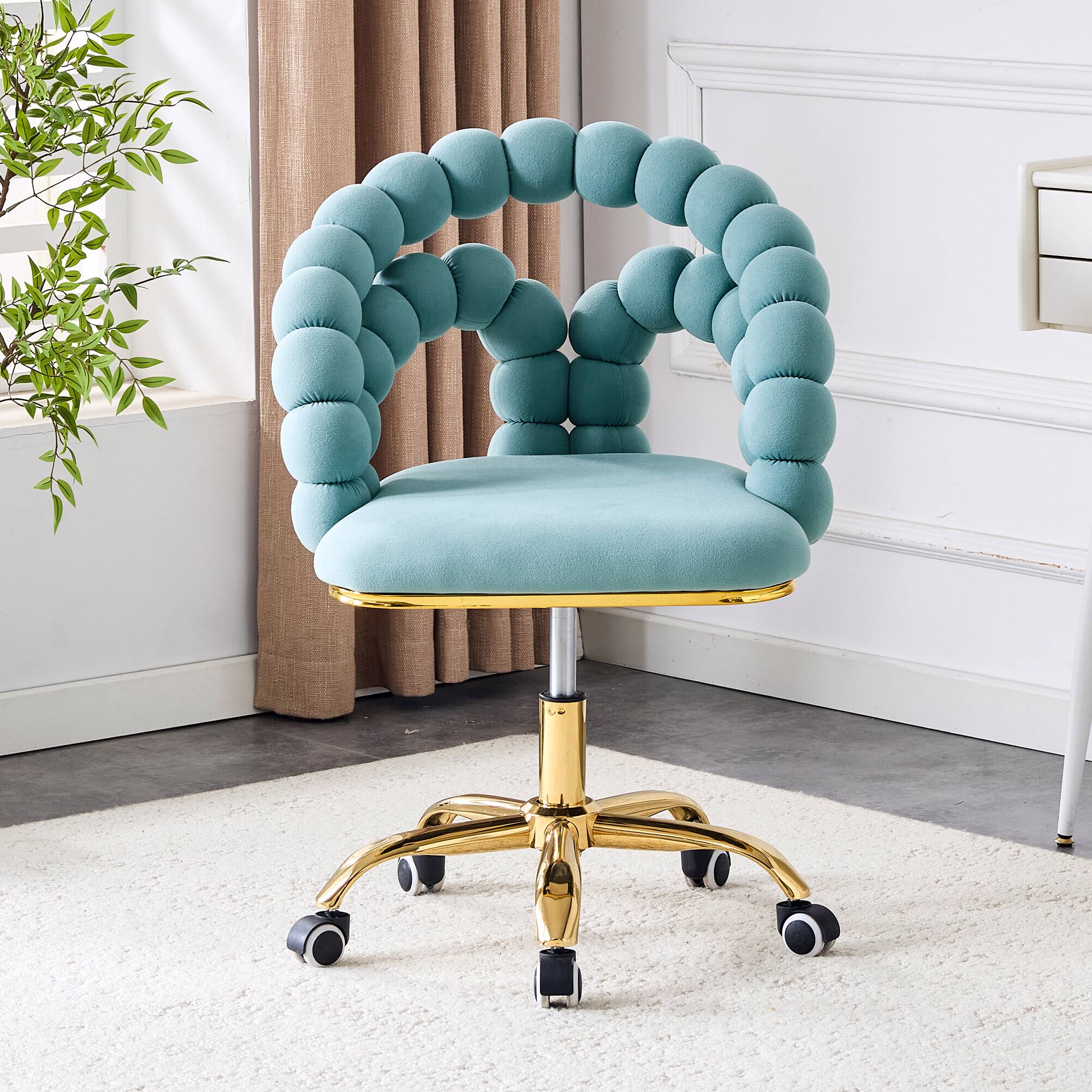 Angle. Loheer - Loheer- Bubble Chair Teal Velvet Office Chair for Home Office and Vanity, Gold Rolling Accent Chair, 2.82 ft - Gold,Teal.