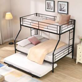 Trinkets Crazed - Twin Over Full Bunk Bed with Trundle, Sturdy Metal Frame Beds, Twin Over with 2 Ladders - Black