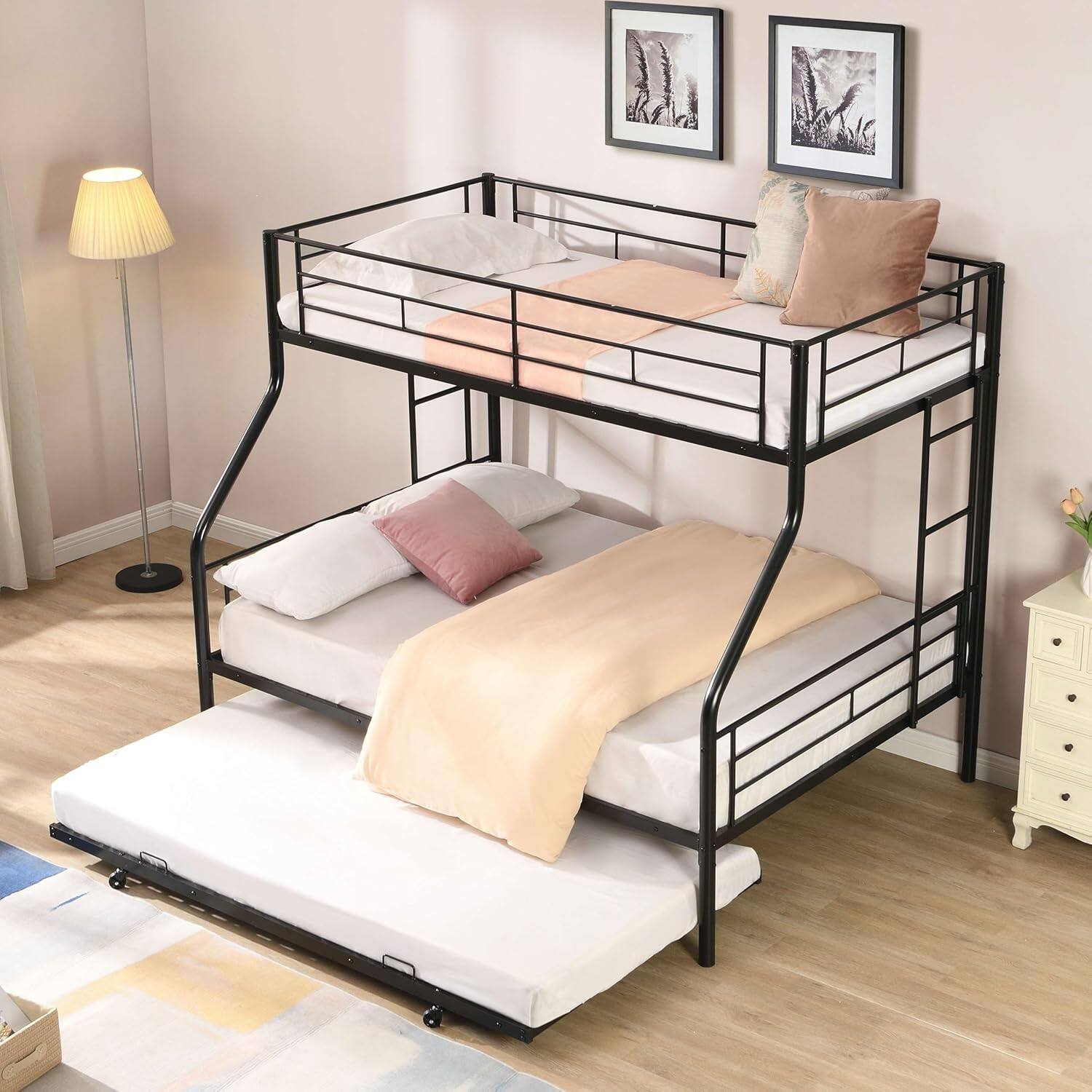 Front. Trinkets Crazed - Twin Over Full Bunk Bed with Trundle, Sturdy Metal Frame Beds, Twin Over with 2 Ladders - black.