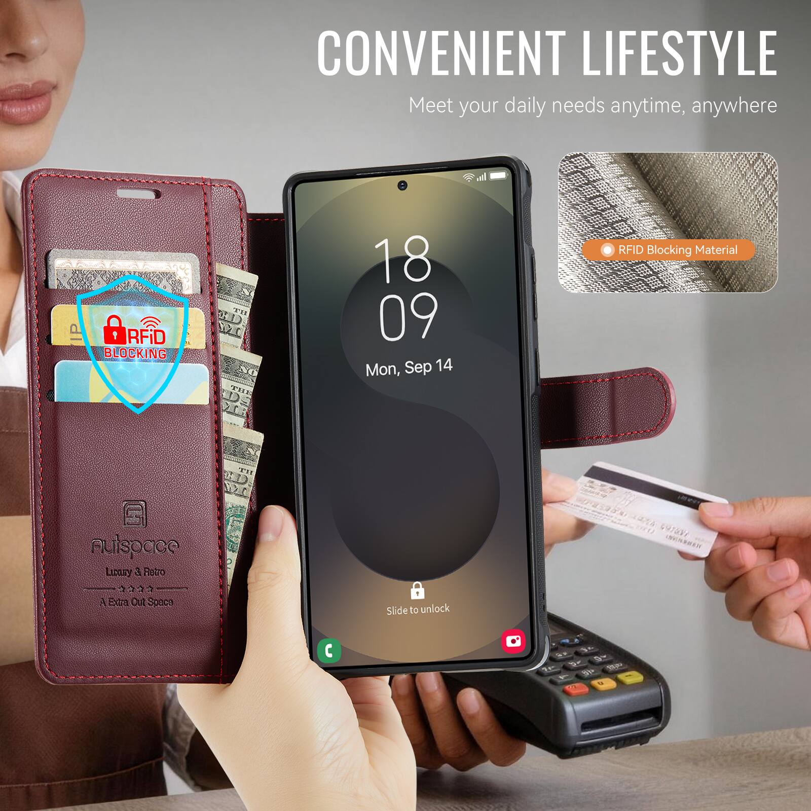 CONVENIENT LIFESTYLE  
Meet your daily needs anytime, anywhere  

DRD 1 RFID BLOCKING  
NO 18 09 Mon, Sep 14  
RFID Blocking Material  
Auispace  
Luxury & Retro  
A Extra Out Space  

Slide to unlock