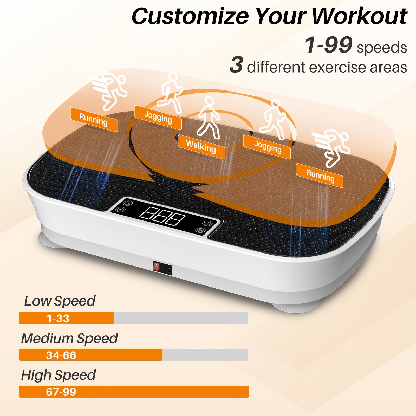 Customize Your Workout 1-99 speeds 3 different exercise areas
Running
Jogging
Walking
Jogging
Running
GO
Low Speed 1-33
Medium Speed 34-66
High Speed 67-99