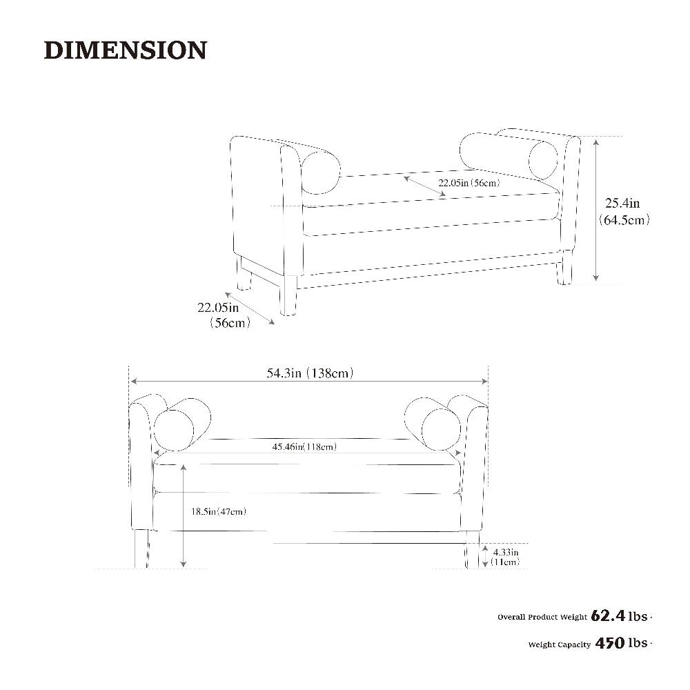 DIMENSION  
22.05in (56cm)  
25.4in (64.5cm)  
22.05in (56cm)  
54.3in (138cm)  
45.46in (118cm)  
18.5in (47cm)  
4.33in (11cm)  
Overall Product Weight 62.4 lbs  
Weight Capacity 450 lbs