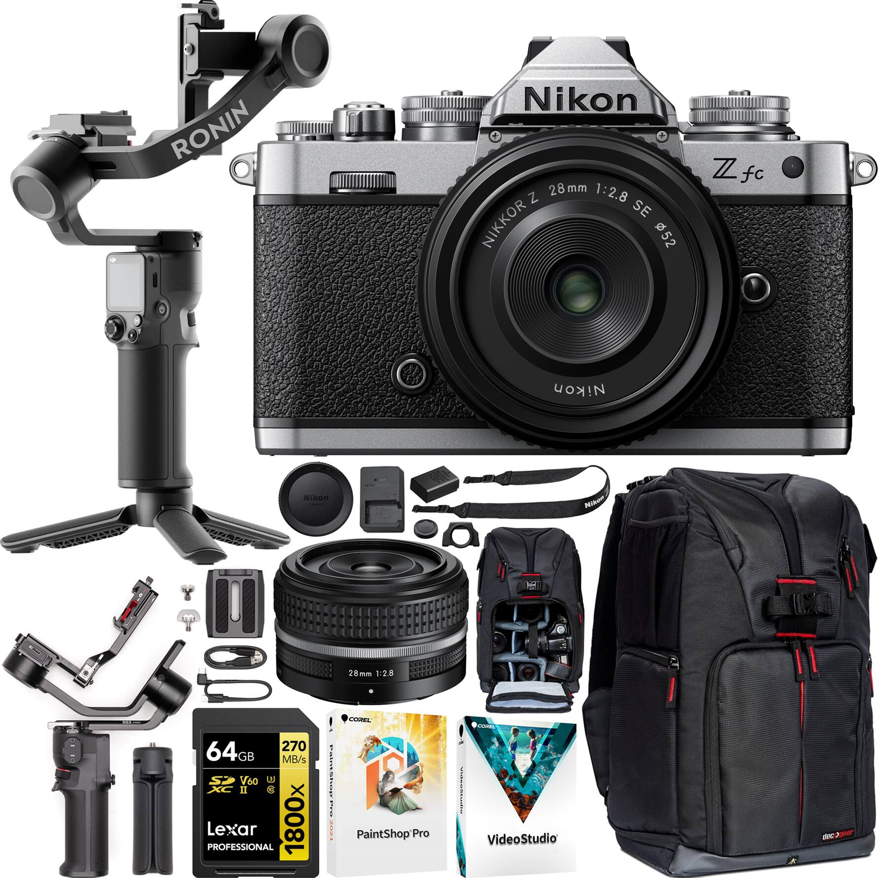 - Nikon Z fc
- NIKKOR Z 28mm 1:2.8 SE
- RONIN
- 64GB Lexar PROFESSIONAL 1800x 270 MB/s S2 V60
- PaintShop Pro
- VideoStudio
- Nikon Z fc Camera Bag
- 28mm 1:2.8 Lens
- Various accessories (tripod, lens cap, camera strap, etc.)