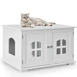 Costway - Large Wooden Cat Litter Box Enclosure Hidden Cat Washroom w/ Divider - White