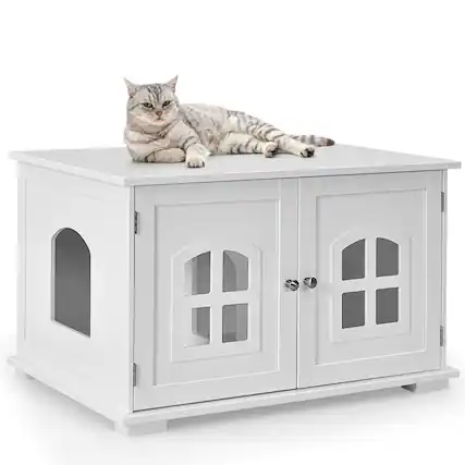 Front. Costway - Costway Large Wooden Cat Litter Box Enclosure Hidden Cat Washroom w/ Divider - White.