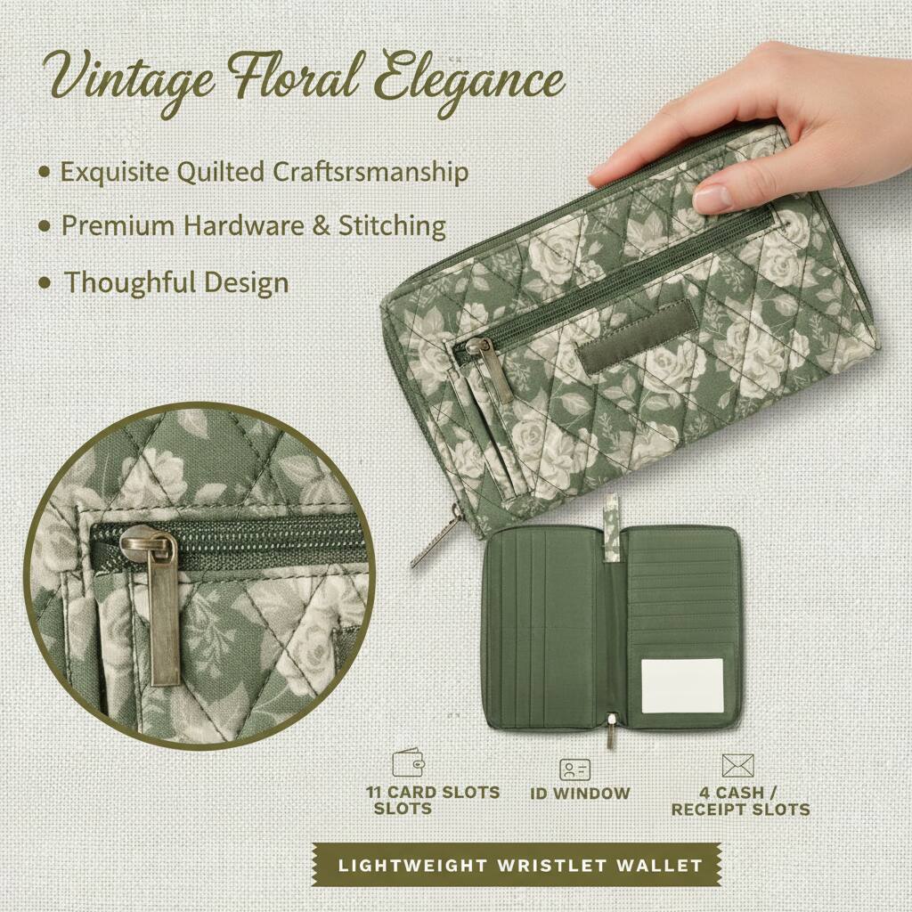Vintage Floral Elegance

- Exquisite Quilted Craftsmanship
- Premium Hardware & Stitching
- Thoughtful Design

11 CARD SLOTS  
ID WINDOW  
4 CASH / RECEIPT SLOTS  

LIGHTWEIGHT WRISTLET WALLET