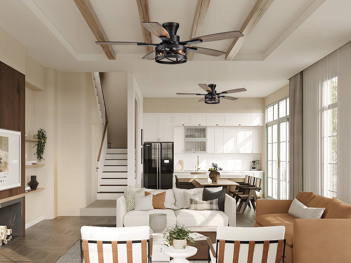 Back. Siljoy - 52-In Farmhouse Flush Mount Lighted Cage Ceiling Fan  Walnut/Black Blades & Remote for Living Room Patio Bedroom - Black.