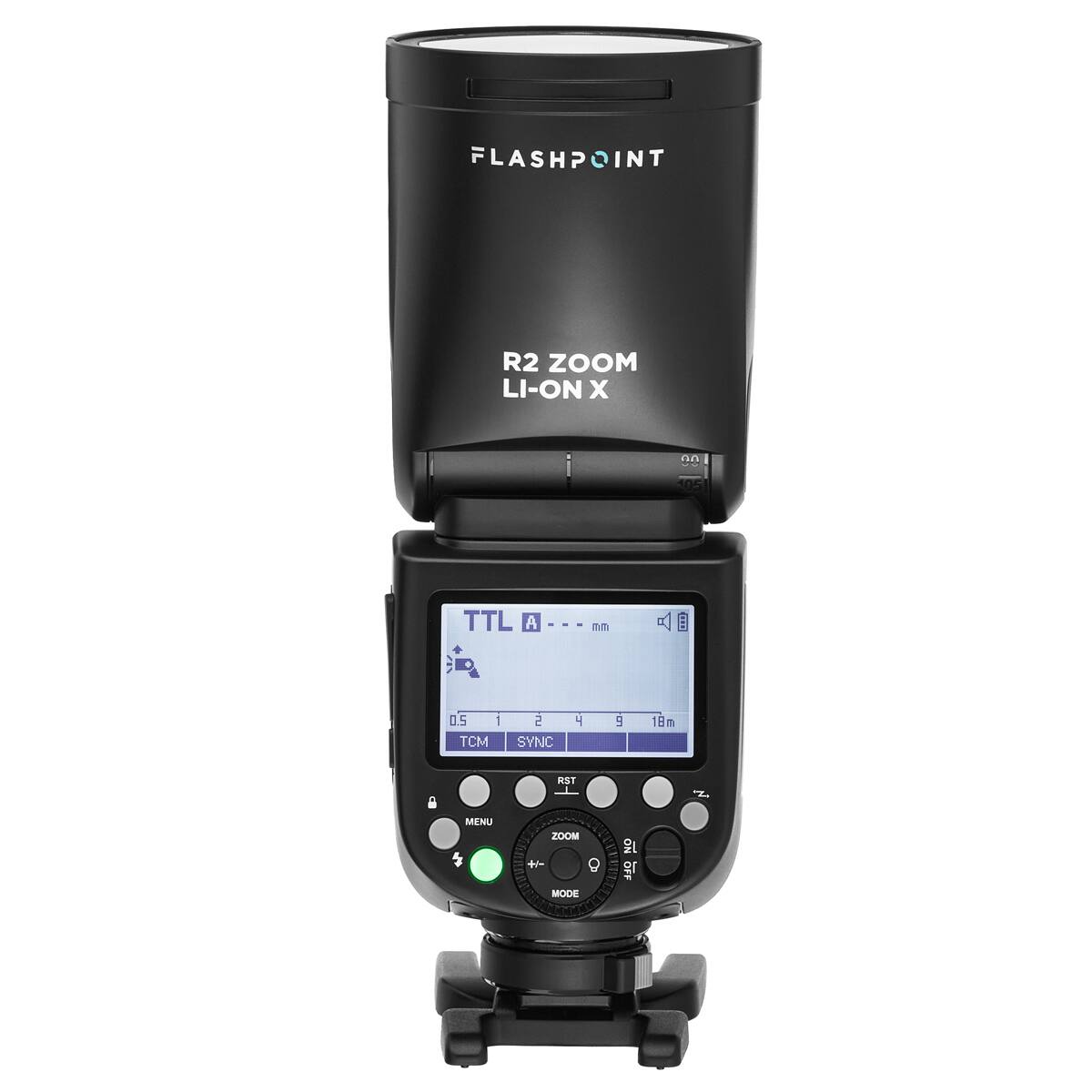 FLASHPOINT R2 ZOOM LI-ON X  
TTL A  
TCM SYNC  
ZOOM +  
MENU  
MODE  
NO