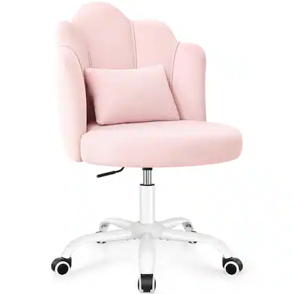 Front. KERDOM - Petal Makeup Vanity Chair with Wheels & Back Pillow, Flower Cute Girls Home Desk Chair, Swivel Velvet Small Accent Chair - Pink.
