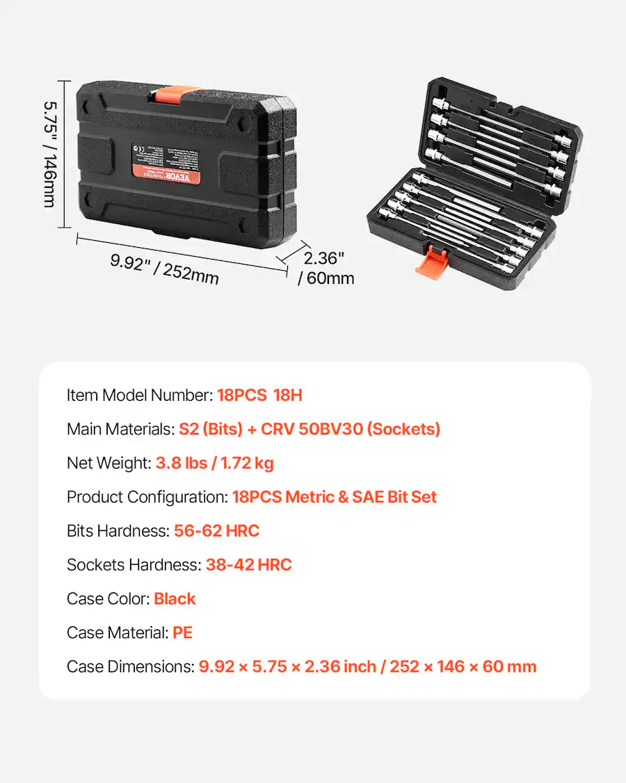 VEVOR Extra Long Allen Hex Bit Socket Set, 18 Piece 3/8 inch Drive, S2 ...