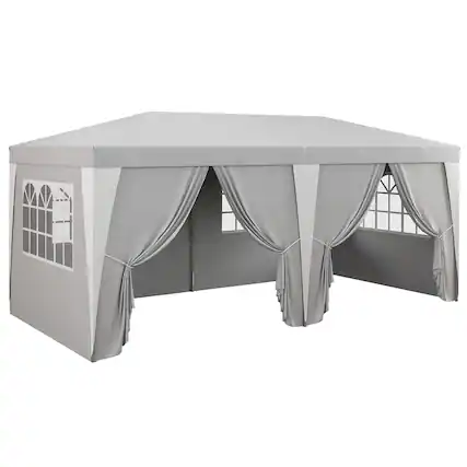 Front. Outsunny - 19 x 10' Pop Up Canopy Tent with 6 Removable Sidewalls, 4 Windows, Large Ez Up Canopy with Adjustable Height - Light Gray.