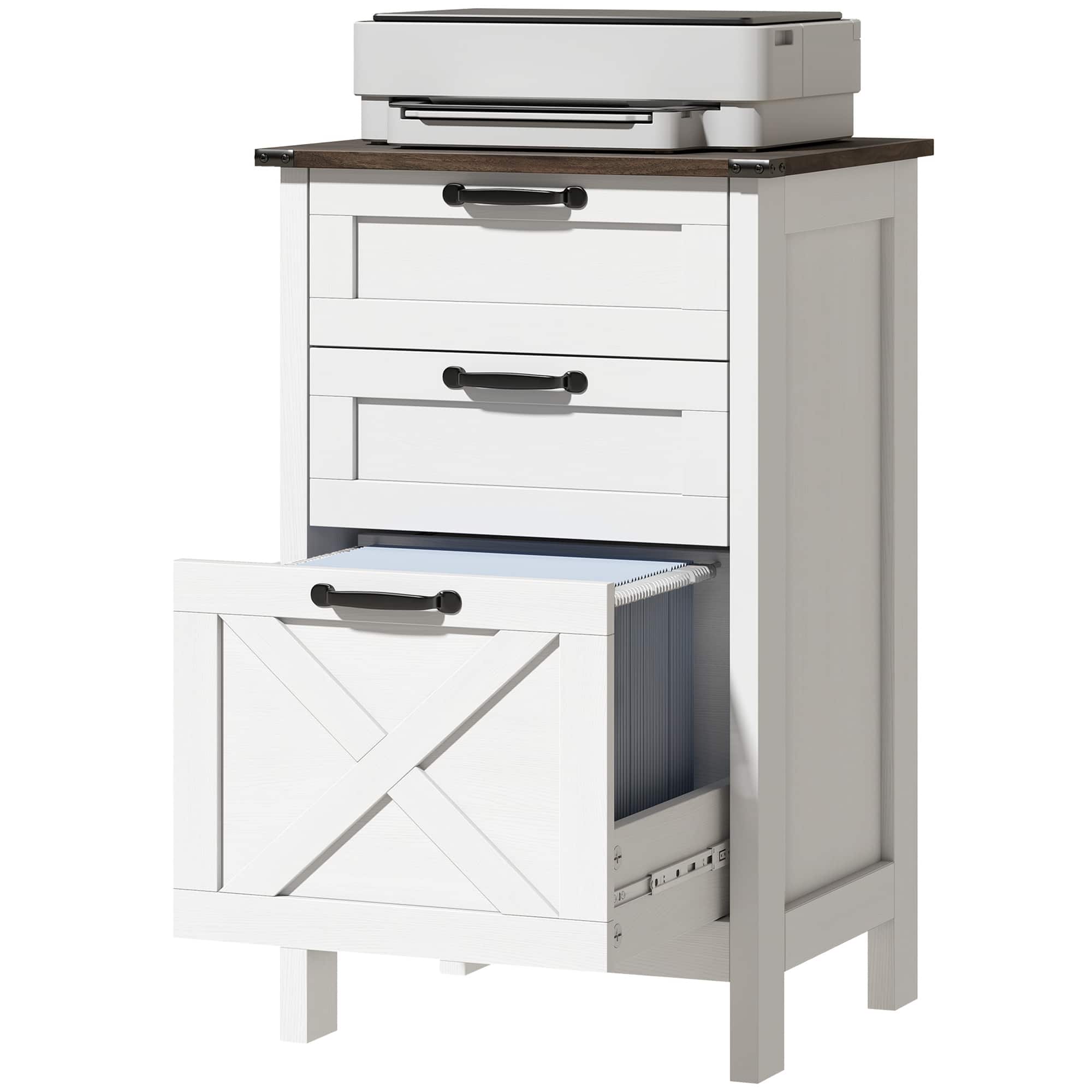 Homcom - File Cabinet with 3 Drawers, Rustic Farmhouse Office Storage Cabinet for A4, Letter Size - White