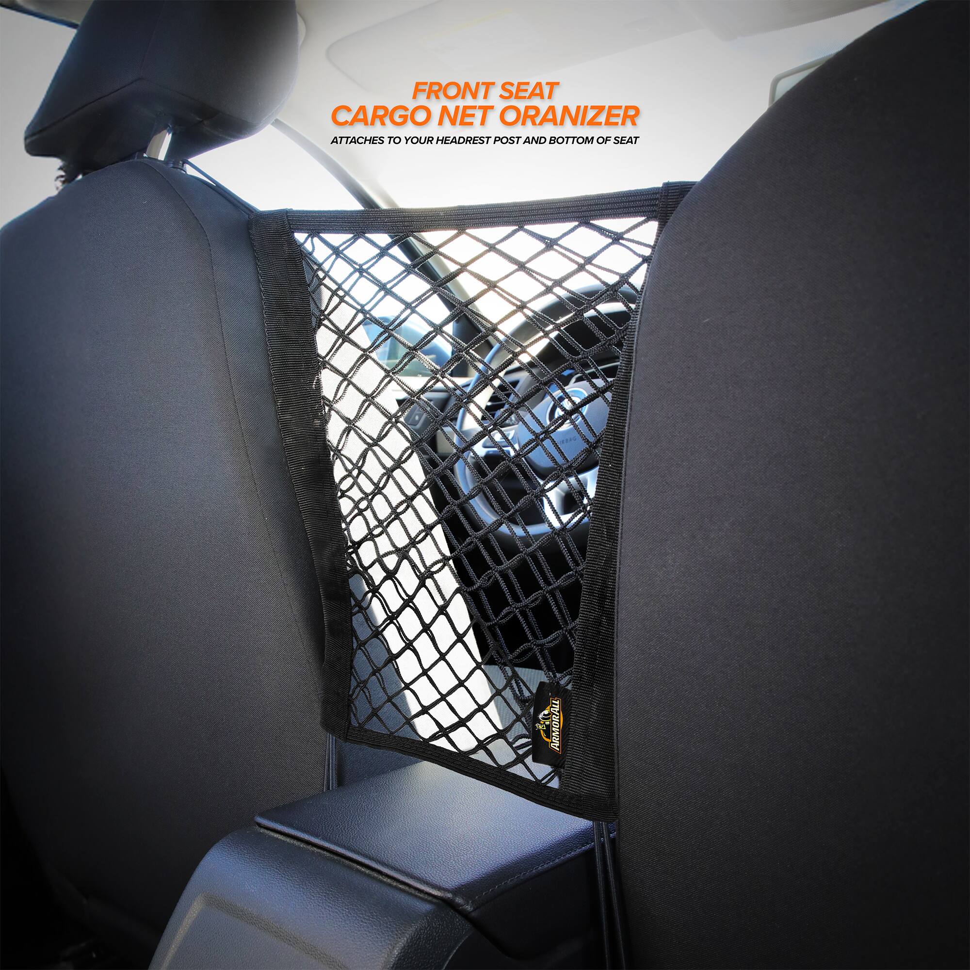 FRONT SEAT CARGO NET ORGANIZER ATTACHES TO YOUR HEADREST POST AND BOTTOM OF SEAT