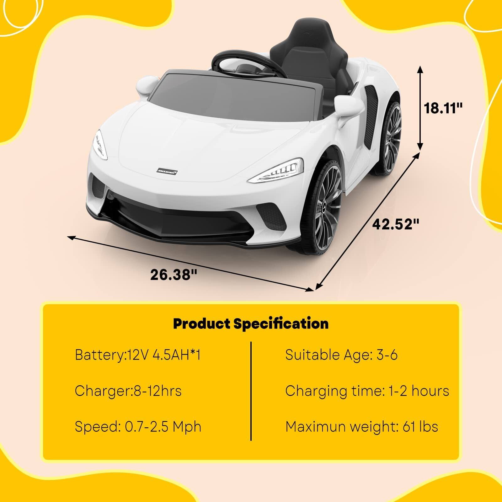 Sure, here is the corrected and grouped text from the image:

---

**Dimensions:**
- Length: 42.52"
- Width: 26.38"
- Height: 18.11"

**Product Specification:**
- Battery: 12V 4.5AH*1
- Charger: 8-12hrs
- Speed: 0.7-2.5 Mph
- Suitable Age: 3-6
- Charging time: 1-2 hours
- Maximum weight: 61 lbs

---