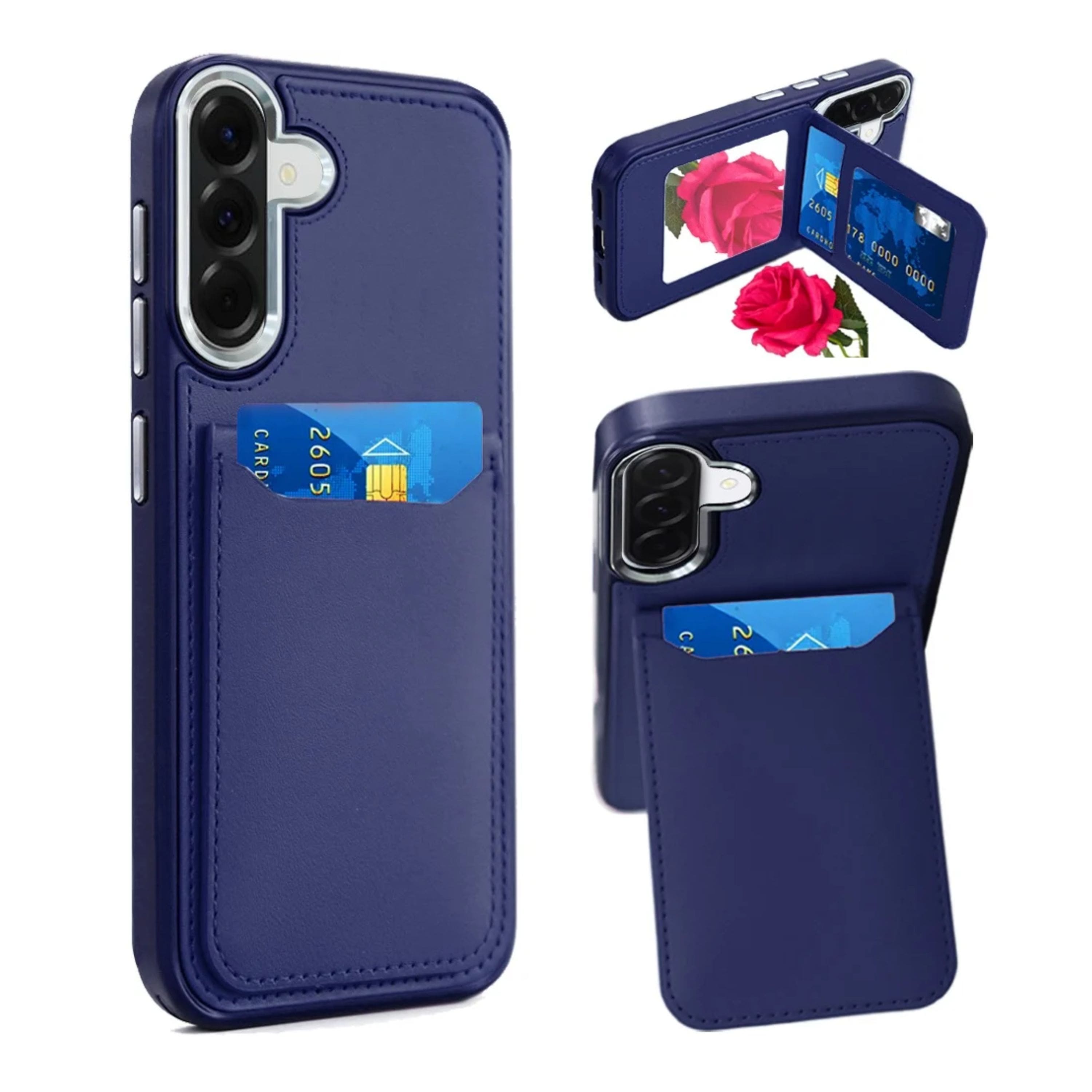Kitcheniva - PU Leather Phone Case Card Holder & Compact Mirror With Tempered Glass For Samsung Galaxy A37 5G - Dark Blue