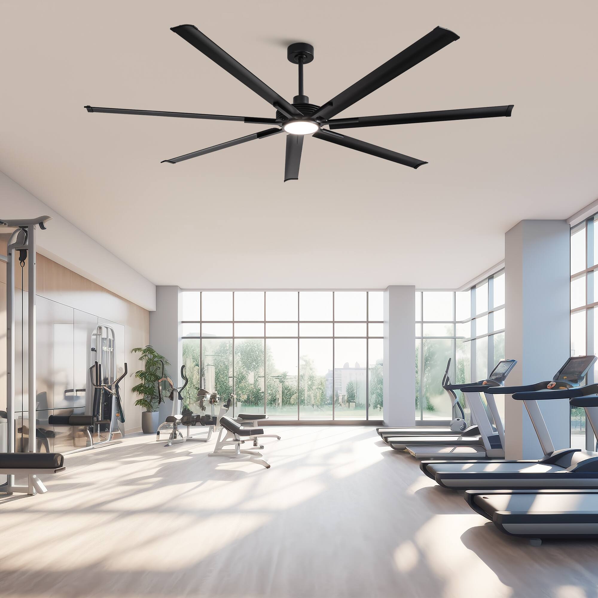 Angle. Parrot Uncle - 100-inch Indoor/Outdoor Industrial Integrated LED Large Ceiling Fan with Light and 7 Aluminum Blades - Black.