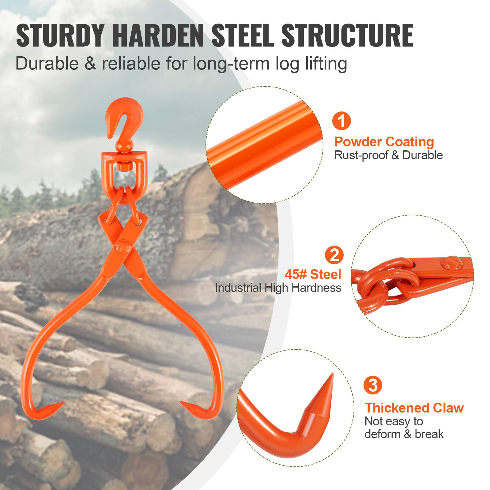 STURDY HARDEN STEEL STRUCTURE  
Durable & reliable for long-term log lifting  

1. Powder Coating  
Rust-proof & Durable  

2. 45# Steel  
Industrial High Hardness  

3. Thickened Claw  
Not easy to deform & break
