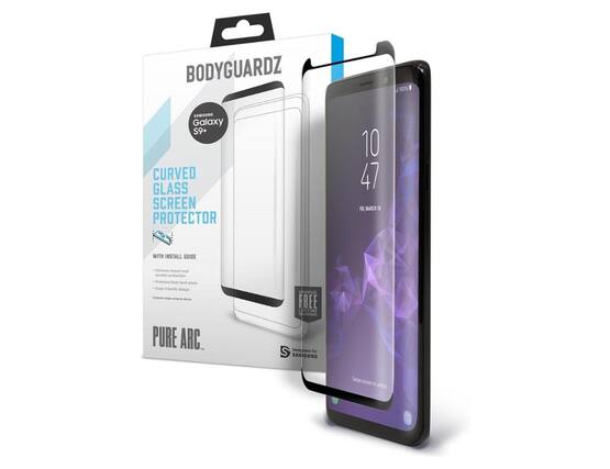 BODYGUARDZ 100% - SAMSONG Galaxy S9+ CURVED GLASS SCREEN PROTECTOR 10 47 R MARCH 10 WITH INSTALL GUIDE Extreme impact and scratch protection Premium heat-bonded glass Case-friendly design Protector designed for device PURE ARC. ADVANTAGE FREE LIFETIME WARRANTY Designed for SAMSUNG Swipe screen to unlock