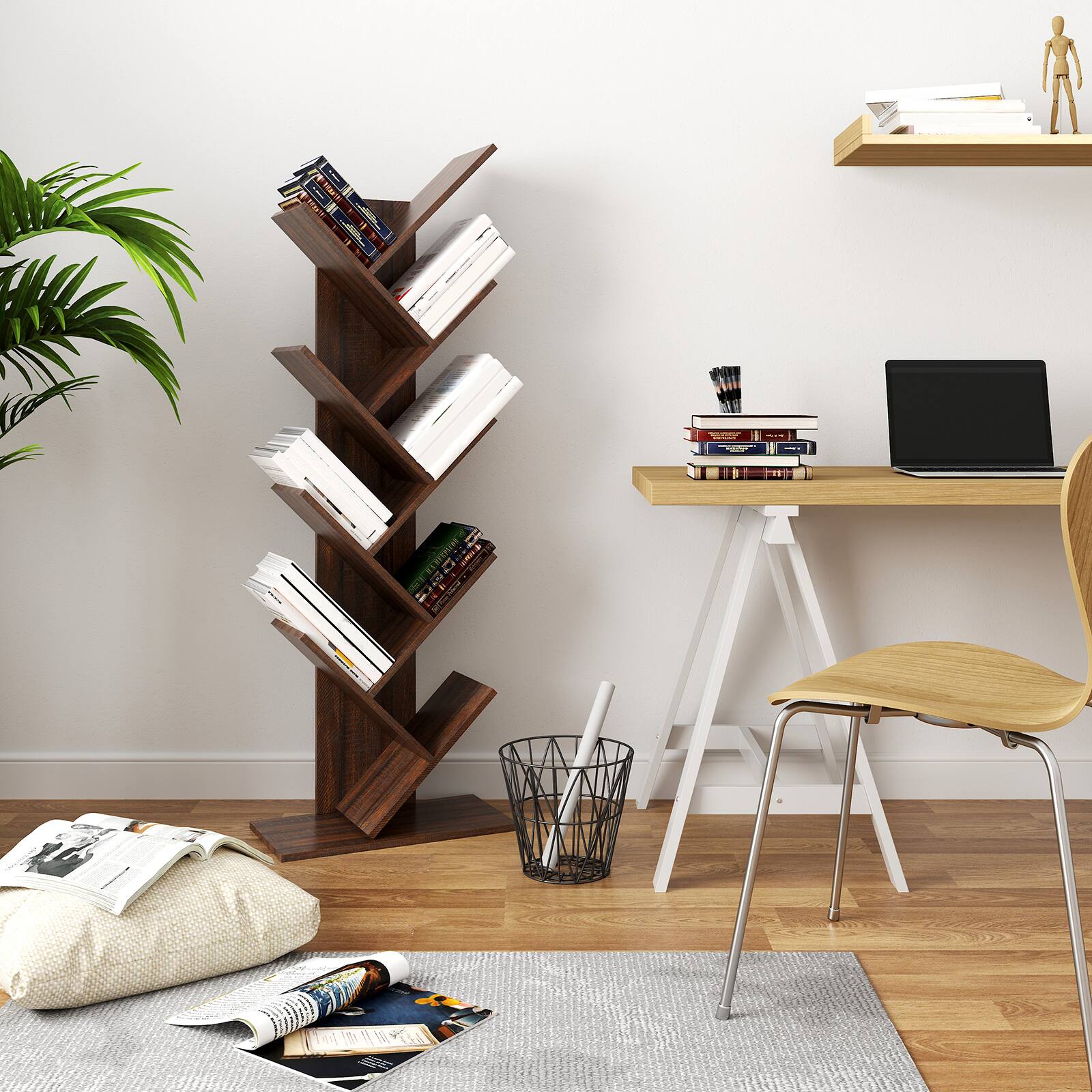 Alt View 2. Songmics Home - Tree Bookshelf, 9-Tier Bookcase, Large Bookshelf, Space-Saving Corner Shelf, Book Tree, Holds Books, CDs, Games - Walnut Color.