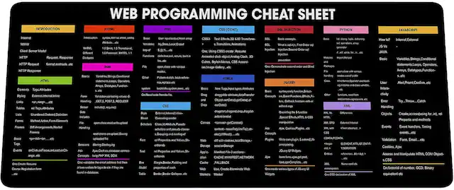 **WEB PROGRAMMING CHEAT SHEET**
**INTRODUCTION**
- Internet
- Client Server Model
- HTTP Request
- format:method,etc
- HTTP Response
- format:method,etc
**HTML**
- Basics
- Elements: Tags, Attributes
- Styling: External/Internal/Inline
- Tables: Tags, Attributes
- Forms: Method, Action, Elements
- Frames: Tags, Attributes
- Events: onClick, onBlur, etc.
- Scripting: Inline, External
- Cookies: Create, Read, Delete
- Registration Form
- PHP: Include, Require, etc.
**XHTML**
- Introduction
- syntax: html, head, body
- DOCTYPE
- Tags: div, span, etc.
- Attributes: class, id, etc.
- Forms: Method, Action, Elements
- Frames: Tags, Attributes
- Styling: External/Internal/Inline
- Scripting: Inline, External
- PHP: Include, Require, etc.
**PHP**
- Basics
- Variables, Strings, Conditional Statements, Loops, Arrays, Databases, Functions
- Arrays: Indexed, Associative
- D