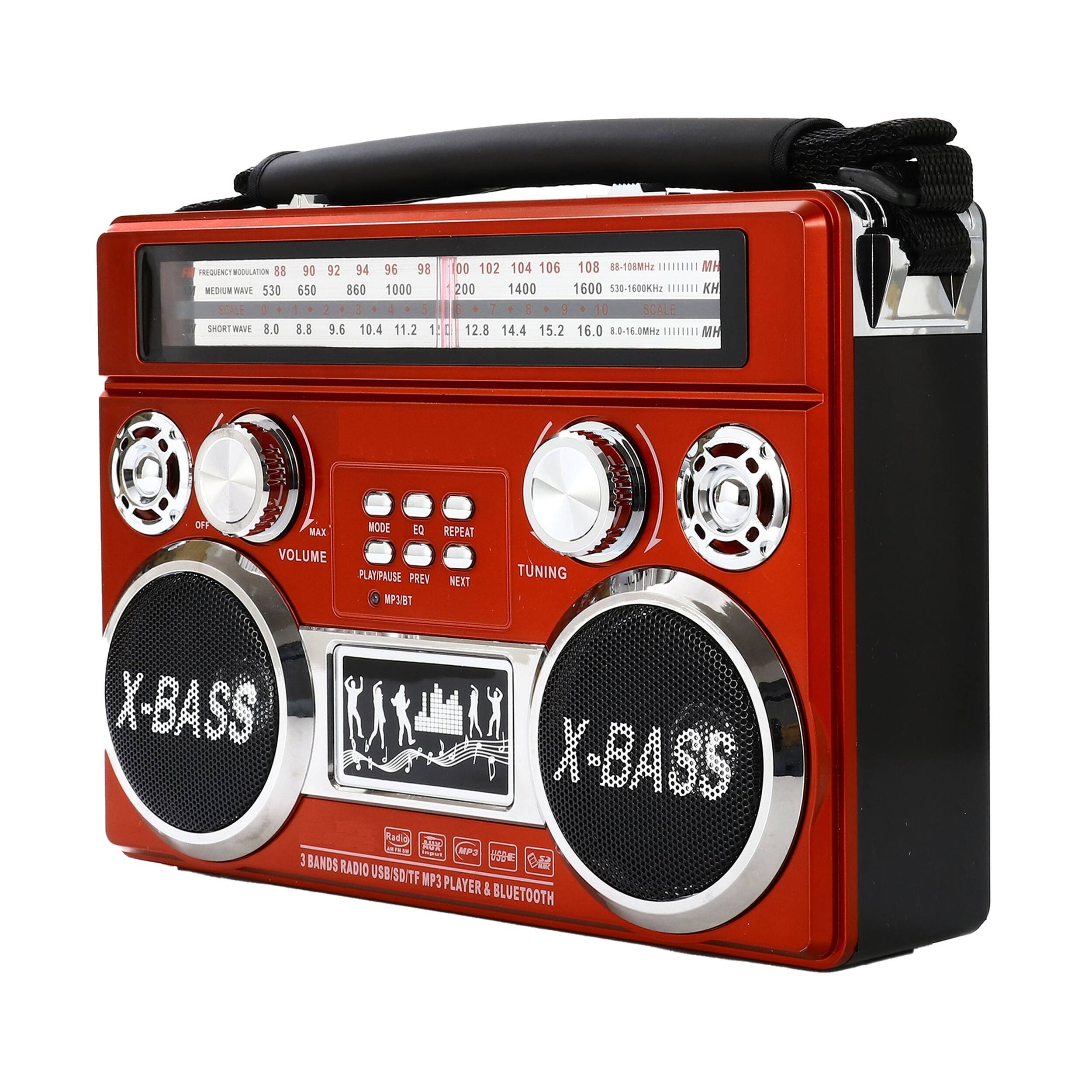 FREQUENCY MODULATION 88 - 108 MHz  
MEDIUM WAVE 530 - 1600 KHz  
SHORT WAVE 8.0 - 16.0 MHz  

VOLUME  
TUNING  

MODE EQ REPEAT  
PLAY/PAUSE PREV NEXT  

X-BASS  

3 BANDS RADIO USB/SD/TF MP3 PLAYER & BLUETOOTH