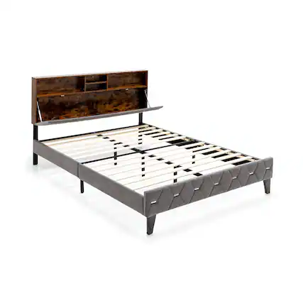 Front. Sugift - Queen Size Upholstered Bed Frame with Storage Headboard-Queen Size - Grey.