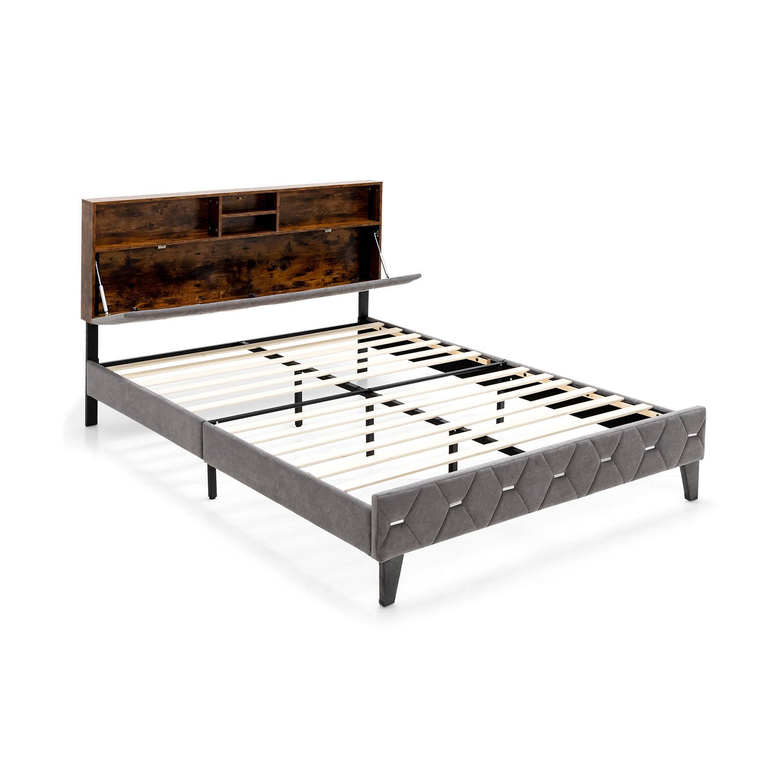 Front. Sugift - Queen Size Upholstered Bed Frame with Storage Headboard-Queen Size - Grey.