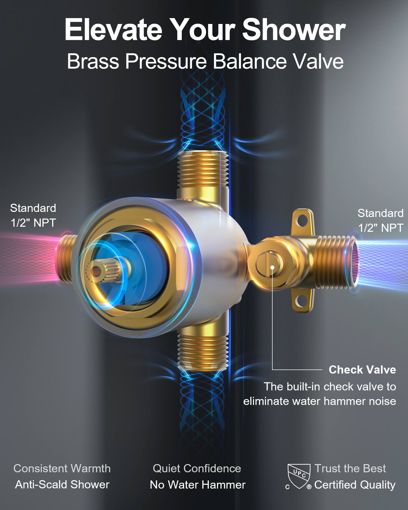 Elevate Your Shower  
Brass Pressure Balance Valve  

Standard 1/2" NPT  
Standard 1/2" NPT  

Check Valve  
The built-in check valve to eliminate water hammer noise  

Consistent Warmth  
Anti-Scald Shower  

Quiet Confidence  
No Water Hammer  

Trust the Best  
UPC Certified Quality